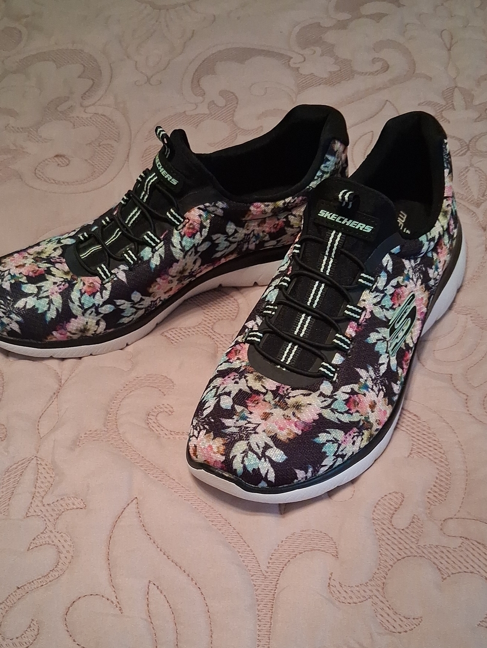 Skechers Ladies Floral Slip-On Knit Sneakers - Black with Pink, Blue, Green